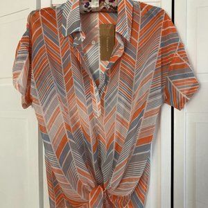 Sheer Short Sleeve Collared Blouse with Tie-Front